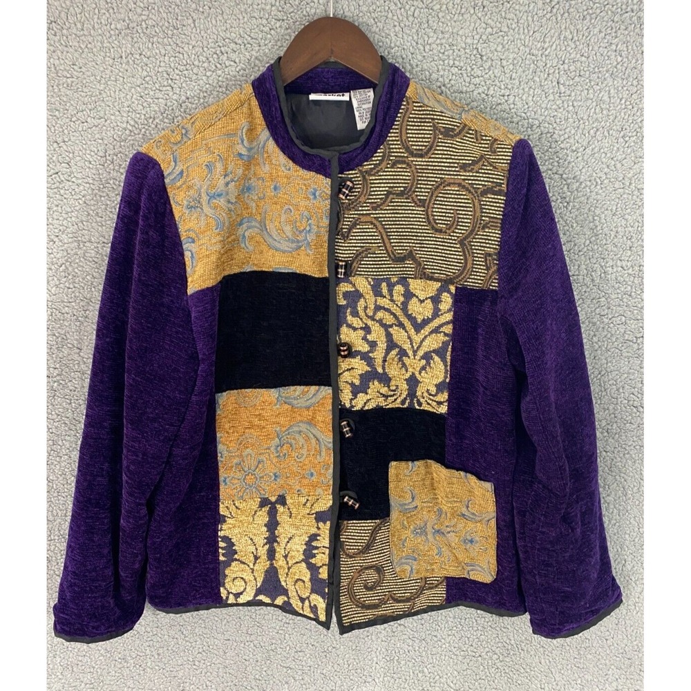 Market by Chico's Jacket M Purple Gold Brocade Velvet Patchwork Boho Artsy